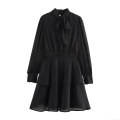 Elegant French Style Black Chiffon Long Sleeve Dress With Bow Tie Neck High Waist Layered Ruffle Hem Mini Dress For Women Office Lady Party Wear