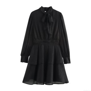 Elegant French Style Black Chiffon Long Sleeve Dress With Bow Tie Neck High Waist Layered Ruffle Hem Mini Dress For Women Office Lady Party Wear