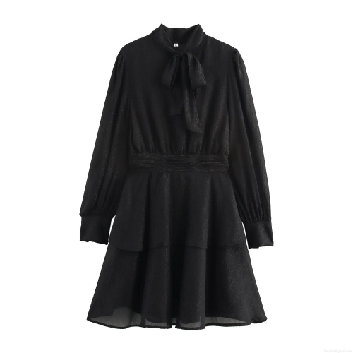 Elegant French Style Black Chiffon Long Sleeve Dress With Bow Tie Neck High Waist Layered Ruffle Hem Mini Dress For Women Office Lady Party Wear