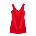 Women's Valentine's Day Red V-Neck Sleeveless Mini Dress Elegant Pleated Balloon Hem Polyester Short Tank Dress For Party Date Night