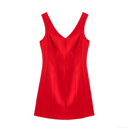 Women's Valentine's Day Red V-Neck Sleeveless Mini Dress Elegant Pleated Balloon Hem Polyester Short Tank Dress For Party Date Night