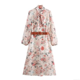 Elegant Floral Print Chiffon Midi Dress For Women Long Sleeve Bow Tie V Neck Vintage Sweet Flower Long Dress With Brown Belt