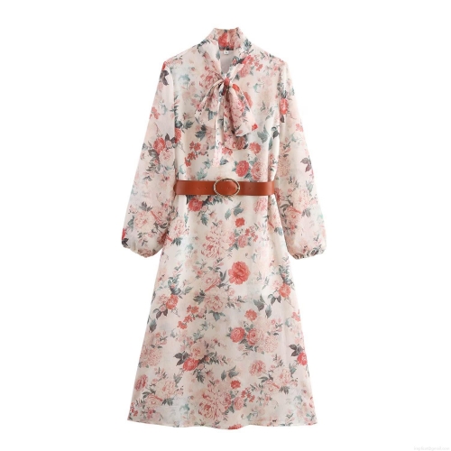 Elegant Floral Print Chiffon Midi Dress For Women Long Sleeve Bow Tie V Neck Vintage Sweet Flower Long Dress With Brown Belt