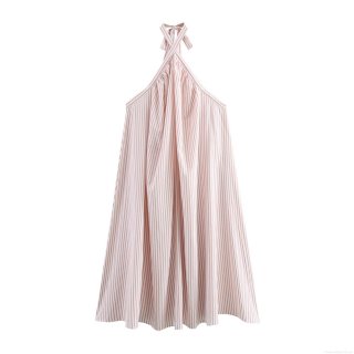 Women Summer Resort Pink White Striped Halter Neck Maxi Dress Sleeveless Loose A-Line Long Dress With Back Tie Bow Elegant Beachwear Party Sundress