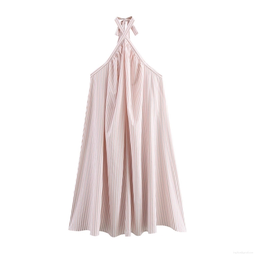Women Summer Resort Pink White Striped Halter Neck Maxi Dress Sleeveless Loose A-Line Long Dress With Back Tie Bow Elegant Beachwear Party Sundress