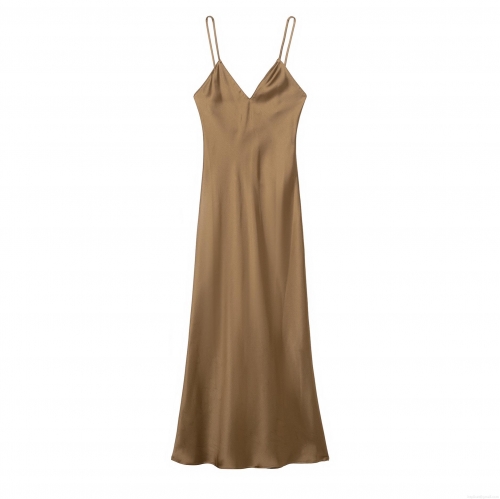 Elegant Satin Slip Maxi Dress For Women Sexy Backless V-Neck Spaghetti Strap Evening Party Solid Color 100% Polyester Sleeveless Gown Summer Beach Wear