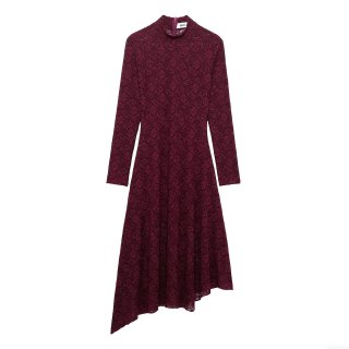 Women Elegant Wine Red Lace Dress Stand Collar Long Sleeve Sexy Mature Irregular Hem Maxi Dress For Party Banquet Wedding Lady 100% Polyester