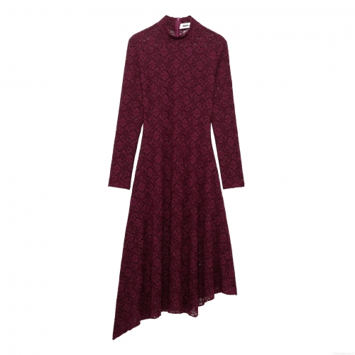 Women Elegant Wine Red Lace Dress Stand Collar Long Sleeve Sexy Mature Irregular Hem Maxi Dress For Party Banquet Wedding Lady 100% Polyester