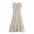 Women's Sleeveless V-Neck Fringe Tassel Maxi Dress Bohemian Holiday Beach Wear Polyester Cotton Blend Long Sundress For Ladies
