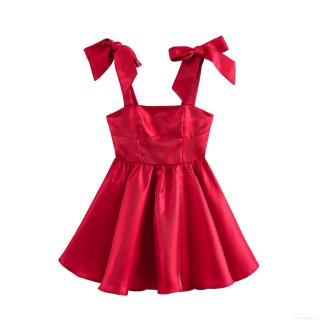 Women's Wine Red Satin Mini Dress With Bow Shoulder Straps Sexy A-Line Puffy Party Dress High Waist Square Neck Sleeveless Cocktail Dress