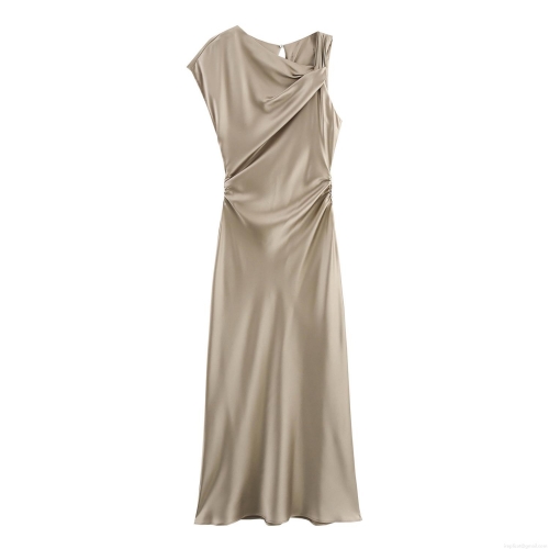 Elegant French Satin Maxi Dress With Asymmetric Twist Detail Short Sleeve Ruched High Waist Champagne Khaki Long Party Evening Dress For Women