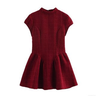 Elegant Women Wine Red Short Sleeve Backless Tweed Mini Dress Mock Neck A-Line Sweet Puffy Skirt Waist-Hugging Textured Polyester Dress For Party Dating