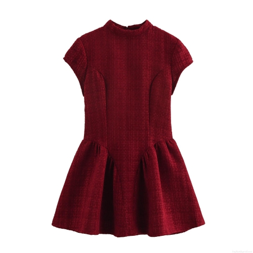 Elegant Women Wine Red Short Sleeve Backless Tweed Mini Dress Mock Neck A-Line Sweet Puffy Skirt Waist-Hugging Textured Polyester Dress For Party Dating