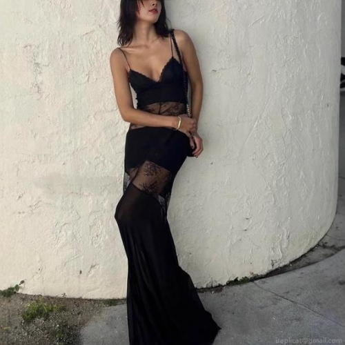 Women's Sexy Lace Patchwork Camisole Maxi Dress 100% Polyester Satin Backless V-Neck Slim Fit Evening Gown For Wedding Party Club Wear