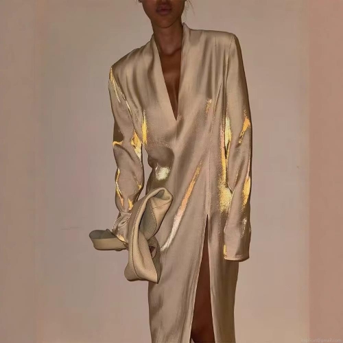 Elegant French Style Satin V-Neck Long Sleeve Maxi Dress With Side Slit Champagne Gold A-Line Loose Long Skirt For Women Wedding Party Evening Banquet Autumn Fashion