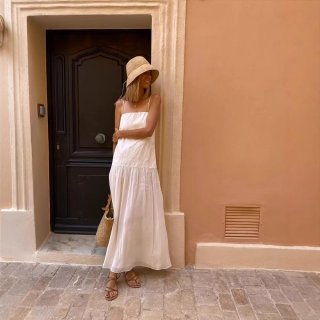 Women's Elegant White Crinkled Maxi Dress Tiered Spaghetti Strap Square Neck High Waist Polyester Summer Beach Vacation Long Dress