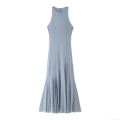 Elegant French Style Women Sleeveless Mesh Maxi Dress Solid Color High Waist Bodycon Fish Tail Pleated Long Dress For Evening Party Wedding Vacation