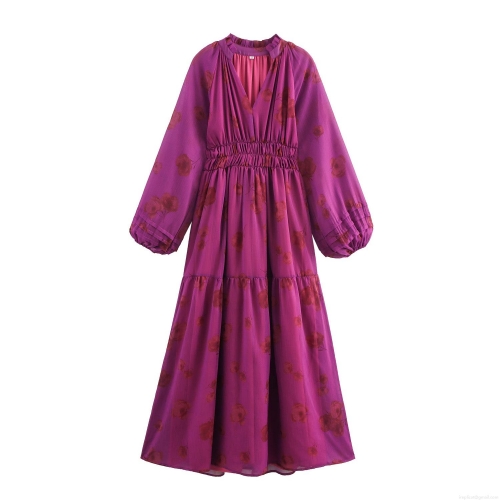 French Retro Floral Print Chiffon Maxi Dress For Women V Neck Ruffle Trim Long Sleeve Pleated Tiered Cake Skirt High Waist Elastic Waist Elegant Vacation Party Dress