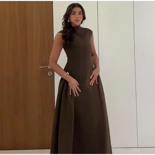 Women Sleeveless Maxi Dress Elegant Stand Collar High Waist Pleated A-Line Big Swing Long Dress Summer Vacation Beach Party Sophisticated Pure Color Polyester Gown