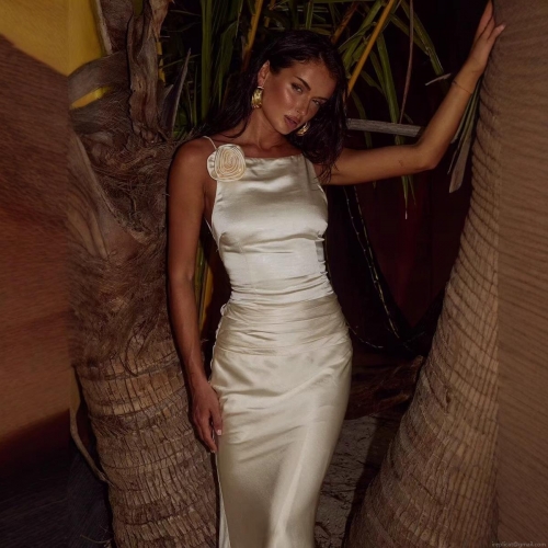 Elegant Women's Satin Maxi Dress Backless Criss-cross Straps With 3D Flower Decoration Sexy Bodycon Sleeveless Evening Party Banquet Dress For Ladies