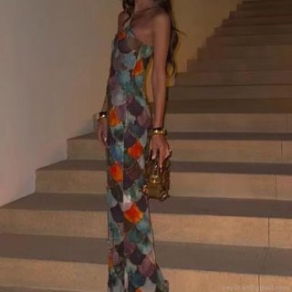 Women's Sexy Mermaid Fish Scale Print Maxi Dress Halter Backless Polyester Long Sundress For Vacation Beach Party