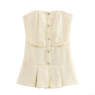 Women's Strapless Tweed Mini Dress Elegant Beige Tube Top Pleated Short Dress With Metal Buttons For Party Slim Fit Sexy Bodycon Dress