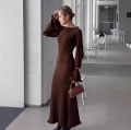 Elegant Slim Fit Knit Maxi Dress For Women Ruffle Trim Long Sleeve Round Neck Polyester Ribbed Bodycon Dress For Party Dating Autumn Winter