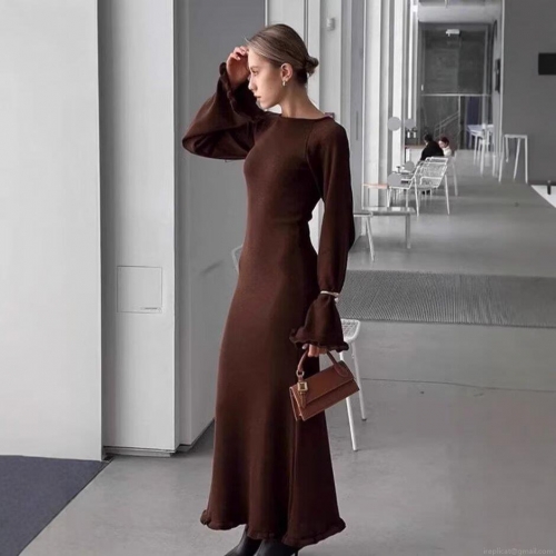 Elegant Slim Fit Knit Maxi Dress For Women Ruffle Trim Long Sleeve Round Neck Polyester Ribbed Bodycon Dress For Party Dating Autumn Winter