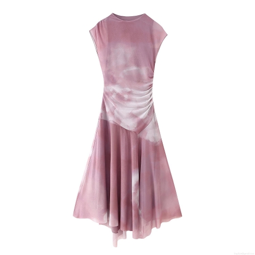 Women's Sexy Mesh Maxi Dress Sleeveless Round Neck Irregular Hem Ruched Bodycon Tie-Dye Polyester Dress For Summer Elegant Party