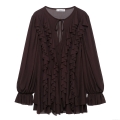 Women's Dark Brown Chiffon Ruffle Mini Dress Elegant V-Neck Lace-Up Long Sleeve Vacation Boho Dress Lantern Sleeve Layered Hem Fashion Clothing