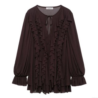 Women's Dark Brown Chiffon Ruffle Mini Dress Elegant V-Neck Lace-Up Long Sleeve Vacation Boho Dress Lantern Sleeve Layered Hem Fashion Clothing