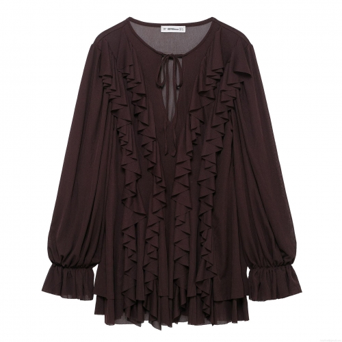 Women's Dark Brown Chiffon Ruffle Mini Dress Elegant V-Neck Lace-Up Long Sleeve Vacation Boho Dress Lantern Sleeve Layered Hem Fashion Clothing