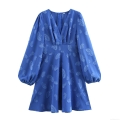 Women Vintage Blue Jacquard V-Neck Mini Dress Elegant Long Puff Sleeve Ruched High Waist Bodycon Party Clubwear A-Line Dress