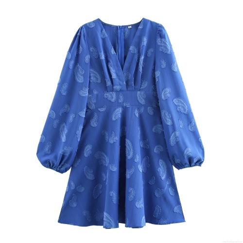 Women Vintage Blue Jacquard V-Neck Mini Dress Elegant Long Puff Sleeve Ruched High Waist Bodycon Party Clubwear A-Line Dress