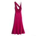 Women Sexy Cowl Neck Backless Maxi Dress Elegant Satin Silk Sleeveless High Waist Party Long Slip Dress For Evening Wedding Guest Club Summer Magenta