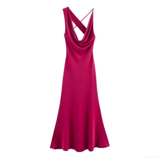 Women Sexy Cowl Neck Backless Maxi Dress Elegant Satin Silk Sleeveless High Waist Party Long Slip Dress For Evening Wedding Guest Club Summer Magenta