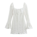 Sexy White Lace Mini Dress For Women Elegant Square Neck Flare Long Sleeve Slim Fit A-Line Short Dress With Drawstring Front Party Clubwear