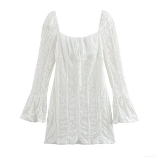 Sexy White Lace Mini Dress For Women Elegant Square Neck Flare Long Sleeve Slim Fit A-Line Short Dress With Drawstring Front Party Clubwear
