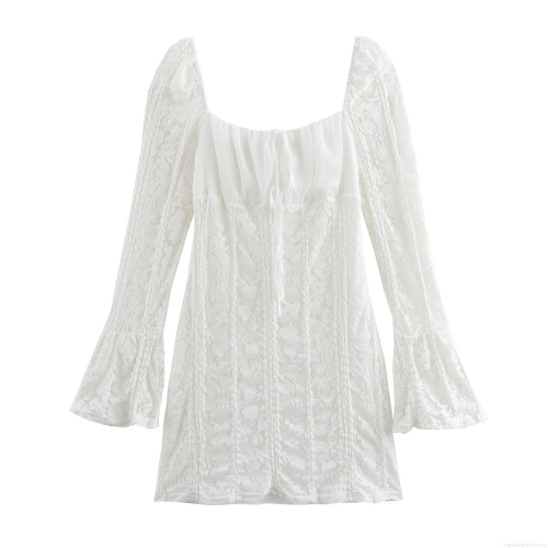 Sexy White Lace Mini Dress For Women Elegant Square Neck Flare Long Sleeve Slim Fit A-Line Short Dress With Drawstring Front Party Clubwear