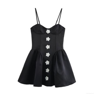 Women's Elegant Satin Camisole Mini Dress With 3D Flower Decoration Sweet Puffy Skirt Slim Fit Sleeveless Evening Party Dress For Wedding Dating