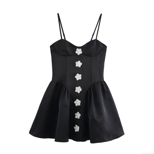 Women's Elegant Satin Camisole Mini Dress With 3D Flower Decoration Sweet Puffy Skirt Slim Fit Sleeveless Evening Party Dress For Wedding Dating