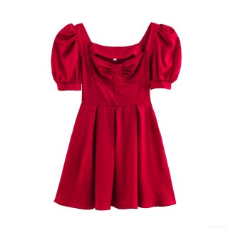 Women Sweet Wine Red Puff Sleeve Dress Elegant Square Neck Pleated Satin Mini Princess Dress For Party Dating Ladies Summer Short A-Line Dress