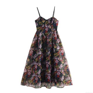 Women's Sweet Floral Print Organza Spaghetti Strap Maxi Dress High Waist A-Line Puffy Long Dress Elegant Summer Party Banquet Gown Black