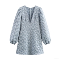 Women's Retro Elegant V-Neck Lantern Long Sleeve Jacquard Mini Dress High Waist A-Line Polyester Blue Floral Dress for Party Evening Ladies Fashion