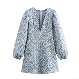 Women's Retro Elegant V-Neck Lantern Long Sleeve Jacquard Mini Dress High Waist A-Line Polyester Blue Floral Dress for Party Evening Ladies Fashion