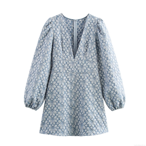 Women's Retro Elegant V-Neck Lantern Long Sleeve Jacquard Mini Dress High Waist A-Line Polyester Blue Floral Dress for Party Evening Ladies Fashion