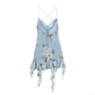 Women's Sexy Backless Floral Camisole Mini Dress Cowl Neck Ruffle Hem Sleeveless Summer Vacation Sundress Light Blue Mesh Floral Dress