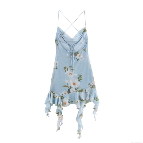 Women's Sexy Backless Floral Camisole Mini Dress Cowl Neck Ruffle Hem Sleeveless Summer Vacation Sundress Light Blue Mesh Floral Dress