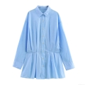 Women's Casual Long Sleeve Shirt Dress Preppy Style Pleated Mini Dress With Waist Tie Front Lapel Collar Polyester Poplin Short Gown Fresh Sweet Look