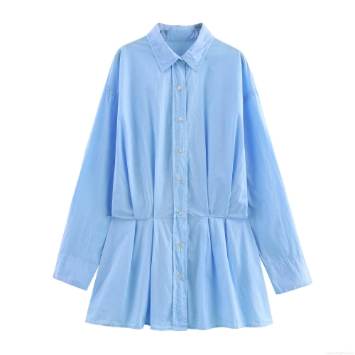 Women's Casual Long Sleeve Shirt Dress Preppy Style Pleated Mini Dress With Waist Tie Front Lapel Collar Polyester Poplin Short Gown Fresh Sweet Look